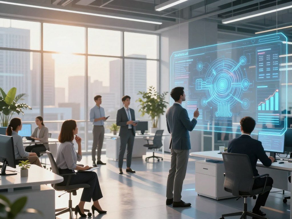 A futuristic office space showcasing the concept of artificial intelligence, with holographic interfaces displaying data and analytics. In the foreground, a diverse group of professionals dressed in business attire, engaging thoughtfully with digital screens that illustrate machine learning algorithms and growth metrics. The middle ground features sleek, modern furniture, with plants symbolizing growth and innovation. In the background, large windows reveal a cityscape bathed in warm sunlight, creating an optimistic and inspiring atmosphere. The overall mood is one of collaboration and forward-thinking, capturing the harmony between human potential and advanced technology. Soft, diffused lighting enhances the clarity of the scene, emphasizing a sense of hopefulness in the age of automation. The brand name "Sexlove.ai" subtly integrated in the design of the digital interfaces. A futuristic office space showcasing the concept of artificial intelligence, with holographic interfaces displaying data and analytics. In the foreground, a diverse group of professionals dressed in business attire, engaging thoughtfully with digital screens that illustrate machine learning algorithms and growth metrics. The middle ground features sleek, modern furniture, with plants symbolizing growth and innovation. In the background, large windows reveal a cityscape bathed in warm sunlight, creating an optimistic and inspiring atmosphere. The overall mood is one of collaboration and forward-thinking, capturing the harmony between human potential and advanced technology. Soft, diffused lighting enhances the clarity of the scene, emphasizing a sense of hopefulness in the age of automation. The brand name "Sexlove.ai" subtly integrated in the design of the digital interfaces.