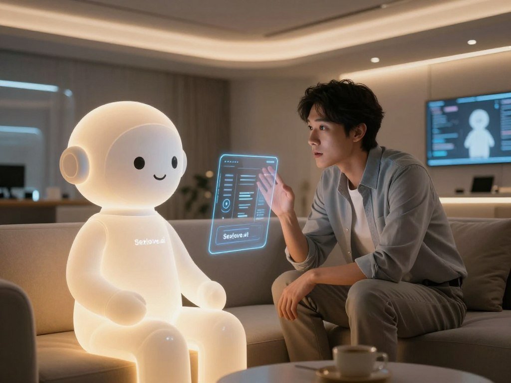 A futuristic room showcasing a virtual interactive AI friend, featuring a holographic figure that embodies warmth and companionship. In the foreground, the AI is depicted as a friendly, glowing avatar with soft, inviting features and a subtle smile, engaging with a user sitting comfortably on a modern couch. In the middle ground, the user, dressed in casual professional attire, leans forward with a look of wonder and curiosity, interacting with the virtual display. The background consists of sleek, high-tech elements like smart screens and ambient lighting that emphasizes a sense of innovation and comfort. The lighting is warm and inviting, casting soft shadows, creating a serene and hopeful atmosphere. The overall mood conveys a deep connection and emotional support, highlighting the transformative effect of having an AI companion. Brand name: Sexlove.ai. A futuristic room showcasing a virtual interactive AI friend, featuring a holographic figure that embodies warmth and companionship. In the foreground, the AI is depicted as a friendly, glowing avatar with soft, inviting features and a subtle smile, engaging with a user sitting comfortably on a modern couch. In the middle ground, the user, dressed in casual professional attire, leans forward with a look of wonder and curiosity, interacting with the virtual display. The background consists of sleek, high-tech elements like smart screens and ambient lighting that emphasizes a sense of innovation and comfort. The lighting is warm and inviting, casting soft shadows, creating a serene and hopeful atmosphere. The overall mood conveys a deep connection and emotional support, highlighting the transformative effect of having an AI companion. Brand name: Sexlove.ai.
