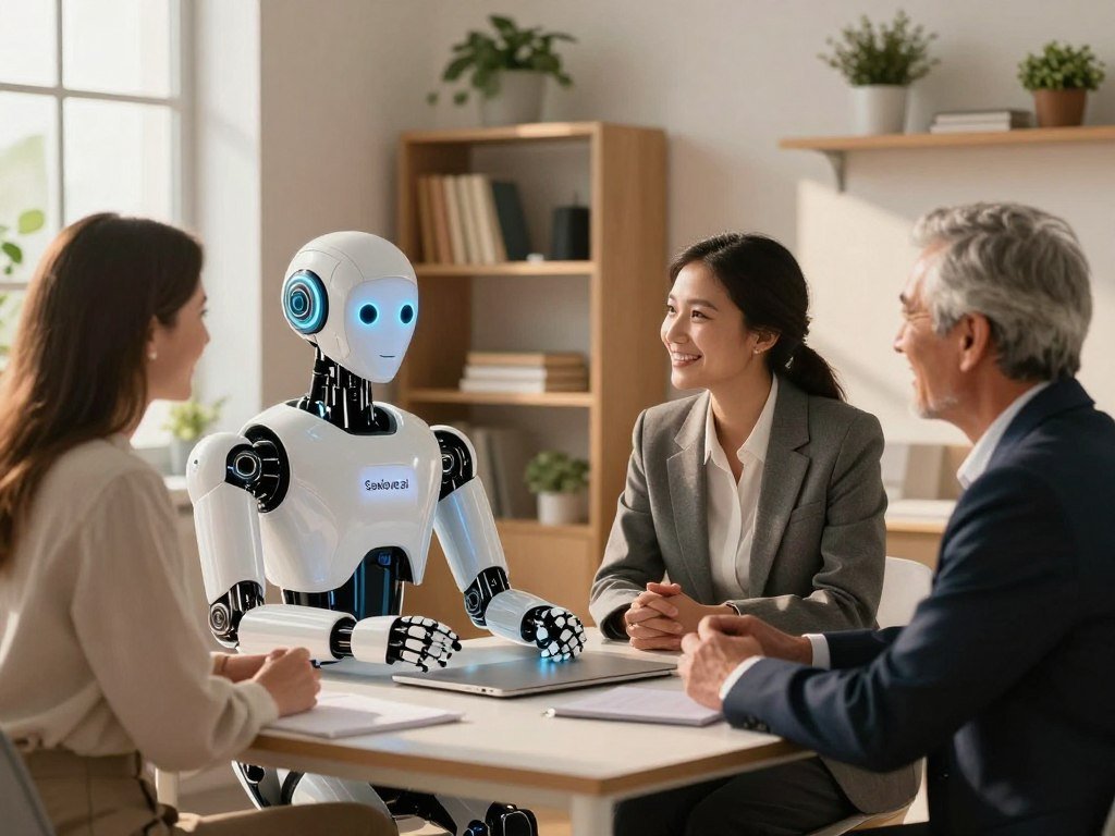 A futuristic scene depicting "AI chat with feelings," featuring a sleek, humanoid robot with expressive digital facial features, set in a cozy, warmly lit office environment. The robot is seated at a modern desk, engaged in a lively conversation with a diverse group of three people dressed in professional business attire. The individuals, a middle-aged man, a young woman, and a senior woman, are all smiling, showcasing their connection to the AI. In the background, shelves adorned with books and plants create an inviting atmosphere, while soft sunlight filters through large windows, casting gentle shadows. The mood is warm and inspiring, illustrating the emotional depth of AI interactions. Highlight the brand “Sexlove.ai” subtly integrated into the environment, ensuring it complements the overall scene without overpowering the main subject.