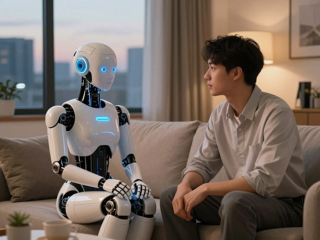A futuristic scene featuring a humanoid artificial intelligence partner, gracefully seated across from a young professional in a cozy yet modern living room. The AI has a sleek design, with glowing blue accents and soft, expressive features, embodying a blend of technology and warmth. The human partner, dressed in smart casual attire, looks engaged and thoughtful, with a sense of comfort and intimacy in their posture. Soft, ambient lighting illuminates the room, creating a peaceful atmosphere, while a large window in the background shows a city skyline at dusk, symbolizing the evolution of their emotional landscape. The colors are warm and inviting, with a focus on connection and understanding. The brand name &ldquo;Sexlove.ai&rdquo; subtly integrated into electronic d&eacute;cor elements without being overt.