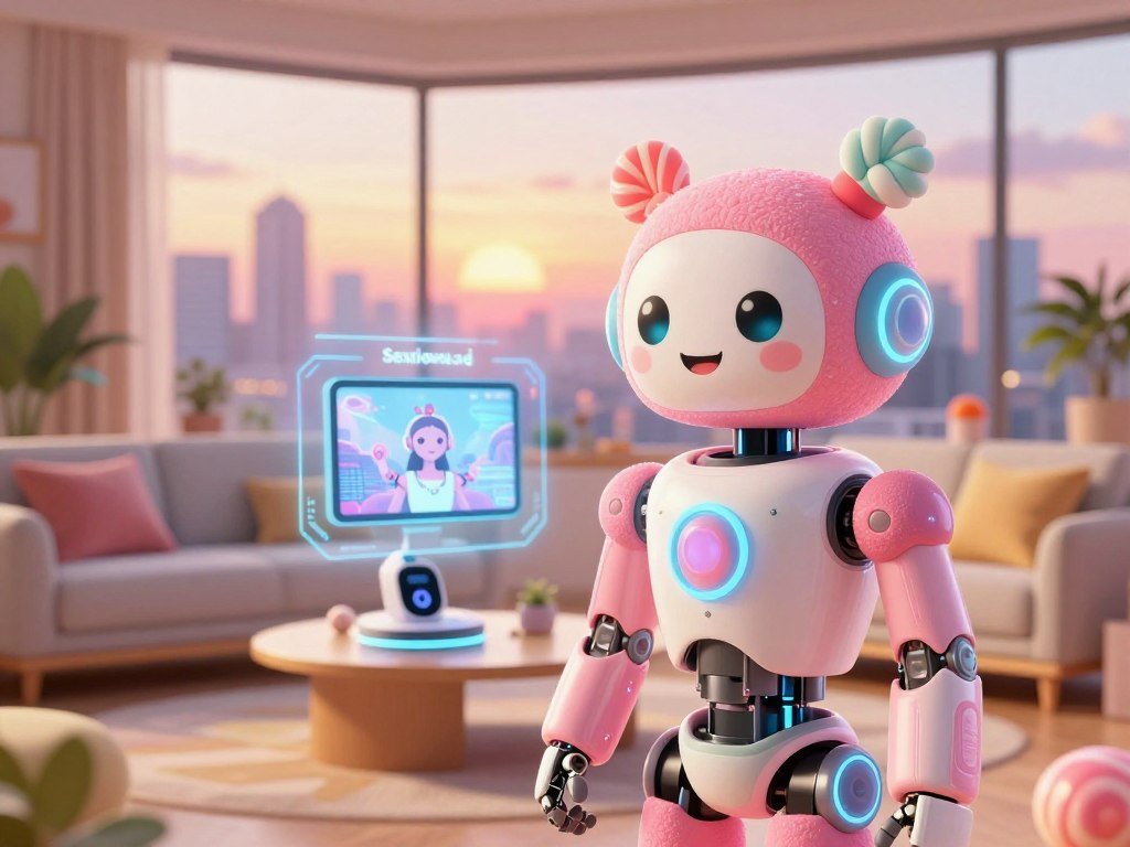 A futuristic scene showcasing a "candy AI girlfriend" technology. In the foreground, a cheerful humanoid robot designed with bright pastel colors and candy-like textures, emphasizing charm and playfulness. The robot has expressive digital features that mimic a friendly smile, embodying warmth and personality. In the middle ground, a cozy, modern living room setting filled with soft lighting and comfortable furniture, suggesting an inviting atmosphere for connection. High-tech devices and holographic displays showcasing virtual interactions with the brand "Sexlove.ai" can be seen. The background features a window with a dreamy view of a colorful city skyline under a sunset, casting a warm golden hue. The overall mood is optimistic and heartwarming, highlighting the fusion of technology and companionship.
