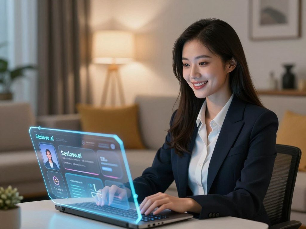 A futuristic setting showcasing a young woman as an AI girlfriend simulation, seated in a cozy, modern living room. She has a warm, friendly smile and is dressed in professional business attire, exuding an inviting and approachable aura. The foreground features a sleek, holographic interface displaying various customization options, hinting at her digitally interactive nature. In the middle, the vibrant living room includes soft couches and tasteful decor, reflecting a space designed for relaxation and connection. The background is softly illuminated with ambient lighting, creating a peaceful atmosphere. The mood is uplifting and relatable, emphasizing the positive psychological benefits of engaging with an AI. Incorporate elements of technology and AI, subtly referencing the brand "Sexlove.ai" in the design of the interface. A futuristic setting showcasing a young woman as an AI girlfriend simulation, seated in a cozy, modern living room. She has a warm, friendly smile and is dressed in professional business attire, exuding an inviting and approachable aura. The foreground features a sleek, holographic interface displaying various customization options, hinting at her digitally interactive nature. In the middle, the vibrant living room includes soft couches and tasteful decor, reflecting a space designed for relaxation and connection. The background is softly illuminated with ambient lighting, creating a peaceful atmosphere. The mood is uplifting and relatable, emphasizing the positive psychological benefits of engaging with an AI. Incorporate elements of technology and AI, subtly referencing the brand "Sexlove.ai" in the design of the interface.