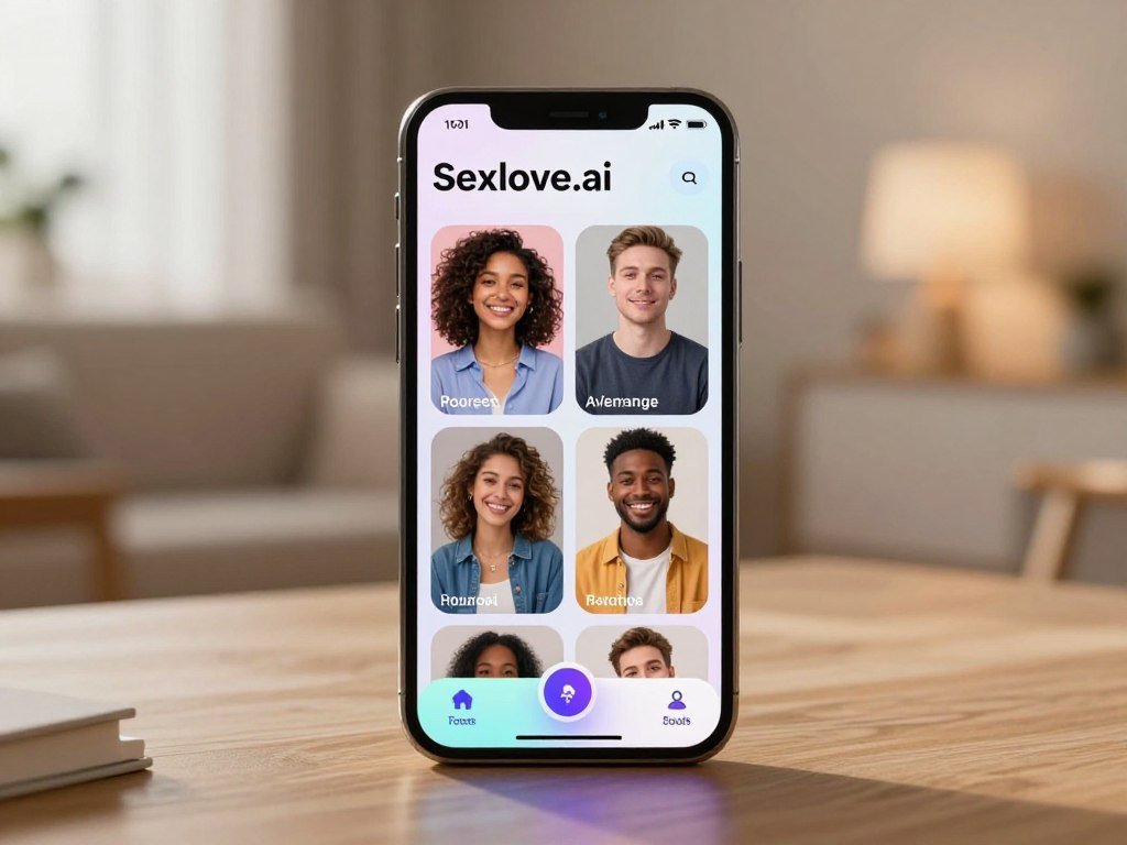A futuristic smartphone screen displaying the interface of “Sexlove.ai,” designed as a best-in-class virtual companion app. In the foreground, a sleek and modern phone with vibrant colors reflecting emotional connection, glows softly in a cozy, intimate setting. The middle of the image features diverse, happy users, engaged with the app, showcasing various expressions of joy and contentment. The background is softly blurred, hinting at a warm and inviting home environment with gentle lighting, creating a serene atmosphere. Use a wide-angle lens effect to emphasize the depth while maintaining focus on the phone and users. The mood is uplifting and optimistic, highlighting the psychological benefits of digital connection in a positive light. A futuristic smartphone screen displaying the interface of “Sexlove.ai,” designed as a best-in-class virtual companion app. In the foreground, a sleek and modern phone with vibrant colors reflecting emotional connection, glows softly in a cozy, intimate setting. The middle of the image features diverse, happy users, engaged with the app, showcasing various expressions of joy and contentment. The background is softly blurred, hinting at a warm and inviting home environment with gentle lighting, creating a serene atmosphere. Use a wide-angle lens effect to emphasize the depth while maintaining focus on the phone and users. The mood is uplifting and optimistic, highlighting the psychological benefits of digital connection in a positive light.