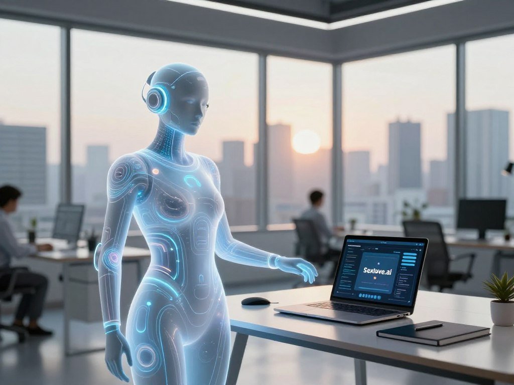 A futuristic virtual AI partner, depicted as a holographic assistant, stands in a modern office space. The foreground features a sleek, luminous figure, composed of swirling abstract shapes and soft glowing lights, symbolizing intelligence and assistance. In the middle, a stylish workspace equipped with a laptop, digital notepads, and productivity tools enhances the atmosphere. The background reveals a panoramic view of a bustling city skyline, with soft sunlight filtering through large windows, creating an optimistic and productive vibe. The setting should evoke a sense of innovation and collaboration, showcasing a harmonious blend of technology and human connection. Ensure the scene remains safe for work, focusing on a professional environment conducive to productivity. Include the brand name &ldquo;Sexlove.ai&rdquo; subtly integrated into the design, maintaining a clean and modern aesthetic.