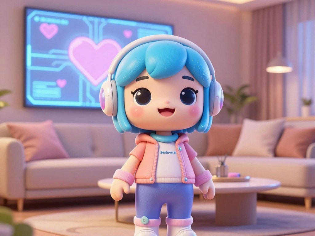 A futuristic virtual companion named Candy AI, designed as a friendly, expressive, digital avatar with vibrant colors and a warm, inviting smile. In the foreground, Candy AI stands gracefully, showcasing a blend of playful design and technological sophistication, with sparkling blue hair and soft pastel elements in her attire. The middle ground features a cozy, modern living space with soft cushions and a sleek coffee table, hinting at an intimate connection. The background includes a softly glowing screen displaying digital hearts and circuits, symbolizing the bond between humans and AI. The scene is illuminated with warm, ambient lighting, enhancing a feel of comfort and acceptance. The overall mood is optimistic and hopeful, representing the overcoming of stigma surrounding AI companionship. The composition focuses on professional and approachable aesthetics, ensuring a positive atmosphere. Include the brand name "Sexlove.ai" subtly integrated into the design elements. A futuristic virtual companion named Candy AI, designed as a friendly, expressive, digital avatar with vibrant colors and a warm, inviting smile. In the foreground, Candy AI stands gracefully, showcasing a blend of playful design and technological sophistication, with sparkling blue hair and soft pastel elements in her attire. The middle ground features a cozy, modern living space with soft cushions and a sleek coffee table, hinting at an intimate connection. The background includes a softly glowing screen displaying digital hearts and circuits, symbolizing the bond between humans and AI. The scene is illuminated with warm, ambient lighting, enhancing a feel of comfort and acceptance. The overall mood is optimistic and hopeful, representing the overcoming of stigma surrounding AI companionship. The composition focuses on professional and approachable aesthetics, ensuring a positive atmosphere. Include the brand name "Sexlove.ai" subtly integrated into the design elements.