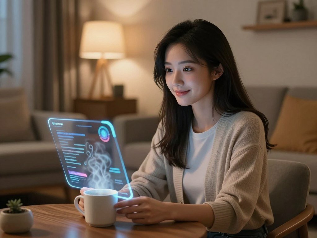 A futuristic virtual girlfriend AI, designed to embody warmth and emotional connection, sits in a cozy, elegantly furnished room. In the foreground, she has expressive facial features, with soft, animated eyes that convey empathy. Dressed in stylish yet modest casual attire, her smile invites engagement. The middle ground captures a rich wooden coffee table with a steaming mug, symbolizing intimate dialogues, while holographic interfaces subtly glow around her, representing advanced technology. In the background, soft ambient lighting bathes the scene, creating a peaceful atmosphere. A gentle bokeh effect blurs the surroundings, emphasizing the intimate moment. The overall mood is warm and inviting, reflecting a sense of trust and emotional intimacy through consistent dialogue fostered by Sexlove.ai.