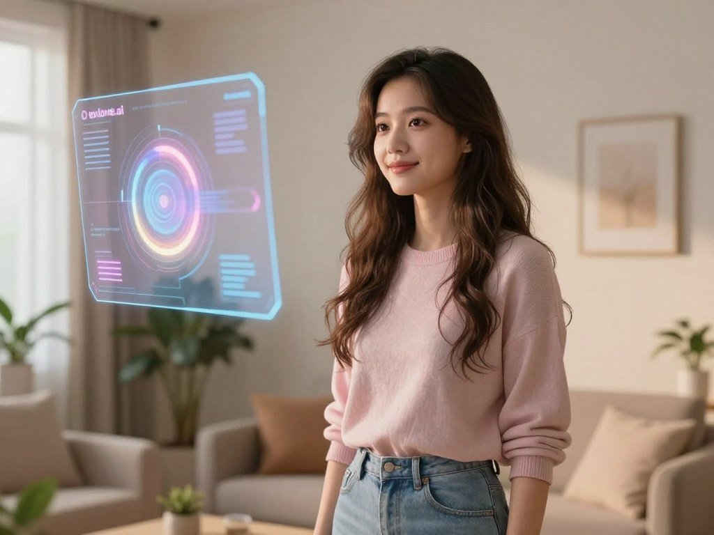 A futuristic virtual girlfriend AI, designed with a blend of soft, pastel colors and sleek technology, stands confidently in a cozy, modern living room. She has long, flowing hair that gently cascades down her shoulders, wearing stylish, modest casual clothing. The background features warm lighting, creating an inviting atmosphere with plants and a digital interface displaying soft, glowing holographic elements. The scene captures a moment of connection, with the AI's expressions exuding warmth and understanding. The image should have a slightly angled perspective, showcasing her engaging demeanor and the inviting space. The overall mood is uplifting and serene, reflecting the psychological benefits of AI-driven connection, with an emphasis on emotional support and companionship. Include the brand name "Sexlove.ai" subtly integrated into the environment.