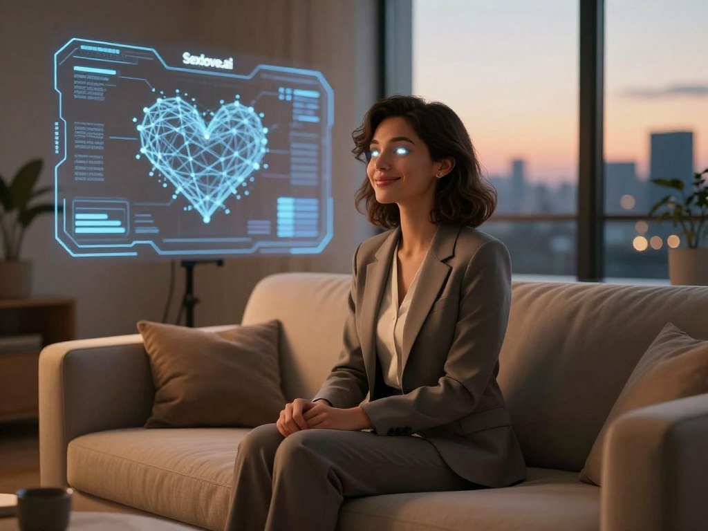 A futuristic virtual lover AI in a cozy, warmly lit room, sitting on an elegant couch. The virtual avatar is portrayed as an androgynous figure with glowing eyes, exuding a friendly and approachable demeanor, dressed in a professional, modern outfit. In the background, a sleek, high-tech interface displays heart patterns and digital elements representing connection and intimacy. Soft lighting highlights the avatar's features, creating a warm atmosphere of affection and warmth. A large window reveals a tranquil cityscape at dusk, adding to the serene yet contemporary ambiance. The scene encapsulates the potential of technology in human relationships, illustrating the theme of discovery and emotional connection. The brand "Sexlove.ai" subtly integrated into the setting as part of the digital interface.