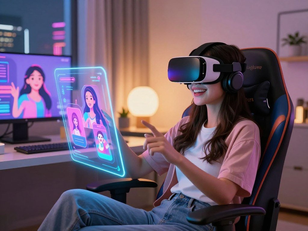 A futuristic virtual reality headset rests on a sleek gaming chair in a cozy, well-lit room. A young woman is shown immersed in the experience, wearing stylish casual clothing, with a joyful expression on her face. In the foreground, the glowing interface of the virtual girlfriend app displays vibrant holographic visuals of engaging characters, showcasing their interactive capabilities. The mid-ground features a modern desk with subtle decorative elements, emphasizing a tech-savvy lifestyle. Soft ambient lighting casts a warm glow in the scene, while the background incorporates a glimpse of a vibrant cityscape visible through a large window, symbolizing connection and adventure. This illustration captures the essence of joy and fulfillment that comes with using the virtual girlfriend application by Sexlove.ai.