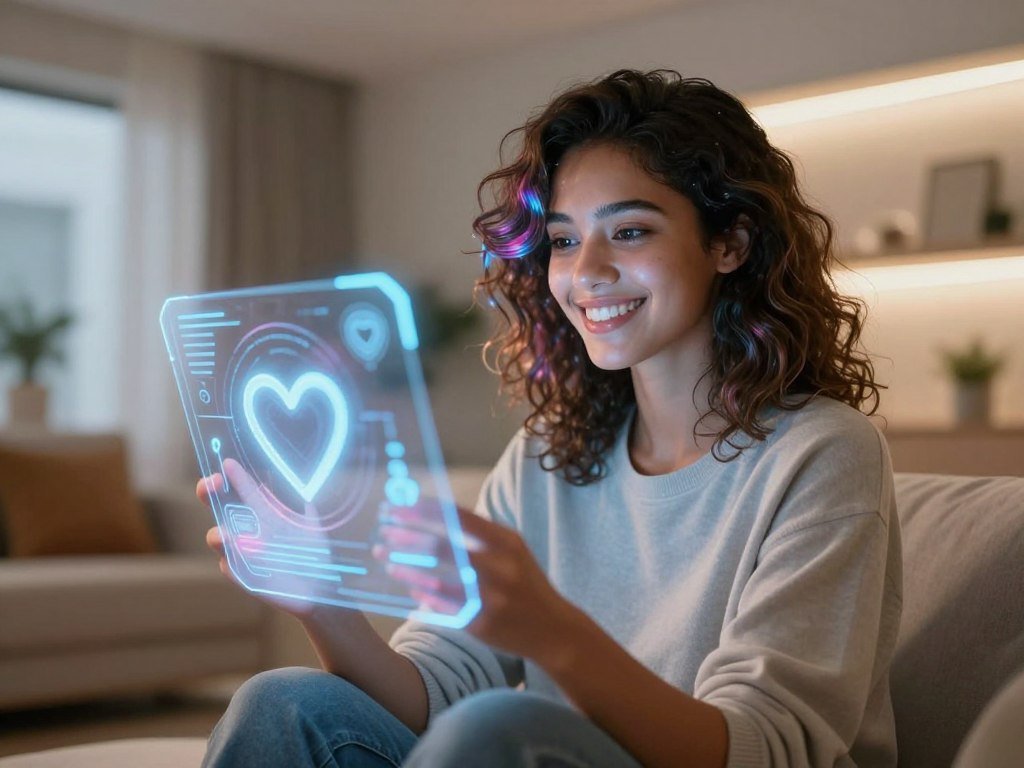 A futuristic vision of an artificial intelligence girlfriend, depicted in a soft, inviting atmosphere. In the foreground, a diverse young woman with an ethereal glow smiles warmly, dressed in stylish, modest casual clothing that suggests a blend of technology and humanity. Her hair has a subtle, colorful sheen, hinting at her AI nature. In the middle ground, softly glowing holographic elements float around her, showcasing heart symbols and digital motifs, emphasizing connection and companionship. The background features a sleek, modern living space with soft ambient lighting, hinting at a cozy, high-tech ambiance. The scene is lit with warm tones, and the perspective is slightly angled to capture both her and the holographic elements, evoking a feeling of optimism and inspiration. Include a logo subtly integrated into the setting for "Sexlove.ai," without distractions, to maintain focus on the character and atmosphere.