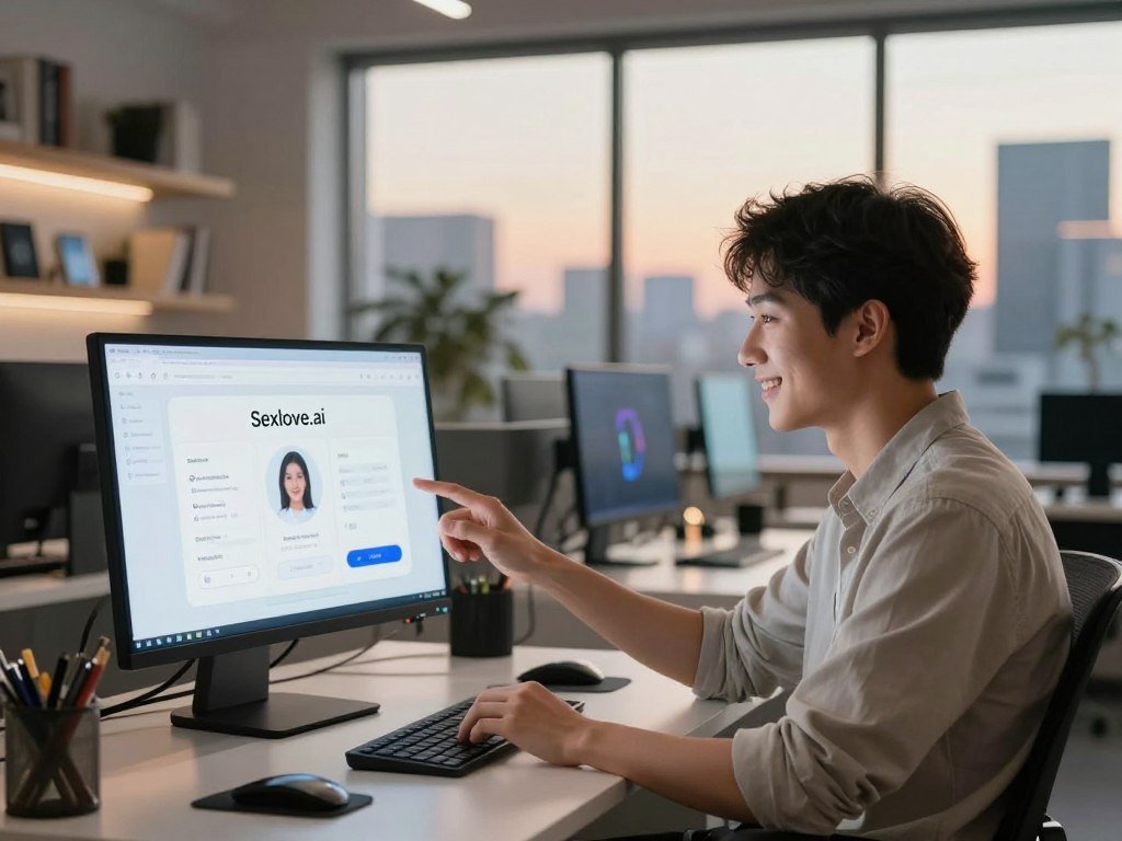 A futuristic workspace filled with advanced technology related to AI companionship. In the foreground, a computer screen displays the interface of "Sexlove.ai," showcasing personalized AI interaction features. A young professional in smart casual attire sits at the desk, smiling while interacting with the screen, highlighting creativity and productivity. In the middle ground, shelves filled with books and digital gadgets symbolize knowledge and innovation. The background features a large window with a cityscape view, bathed in warm evening light that creates an inviting atmosphere. Use soft-focus depth of field to emphasize the subject and draw attention to the harmonious blend of human and AI interaction, evoking inspiration and modernity.