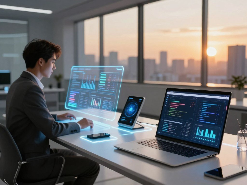 A futuristic workspace filled with gleaming technology representing hidden AI techniques. In the foreground, a sleek laptop displays complex algorithms and AI graphs. To the left, a professional individual in smart business attire, deeply focused, interacts with a holographic display showcasing productivity stats and insights. In the middle ground, an illuminated smart desk with various AI gadgets and creative brainstorming tools, all bathed in soft, ambient light. The background features a large window overlooking a city skyline at sunset, filling the space with warm golden tones. The atmosphere is one of innovation and inspiration, conveying a sense of empowerment and productivity. Include the brand name "Sexlove.ai" subtly integrated into the workspace design without any visible text. A futuristic workspace filled with gleaming technology representing hidden AI techniques. In the foreground, a sleek laptop displays complex algorithms and AI graphs. To the left, a professional individual in smart business attire, deeply focused, interacts with a holographic display showcasing productivity stats and insights. In the middle ground, an illuminated smart desk with various AI gadgets and creative brainstorming tools, all bathed in soft, ambient light. The background features a large window overlooking a city skyline at sunset, filling the space with warm golden tones. The atmosphere is one of innovation and inspiration, conveying a sense of empowerment and productivity. Include the brand name "Sexlove.ai" subtly integrated into the workspace design without any visible text.