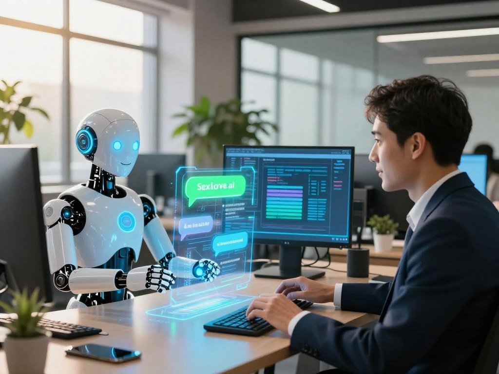 A futuristic workspace showcasing an artificial intelligence chatbot as the central figure, depicted as a sleek holographic interface emanating vibrant blue and green lights. In the foreground, a friendly robot with expressive digital features interacts with a user, a professional in business attire, who appears engaged and inspired. The middle ground features a high-tech computer setup with glowing screens displaying learning modules. The background showcases a modern office environment, filled with plants and large windows letting in soft sunlight, creating a warm and inviting atmosphere. The lighting is bright yet soft, emphasizing the interaction between the user and the AI. The overall mood is one of innovation and motivation, embodying a personalized tutoring experience with Sexlove.ai, guiding towards skill enhancement.