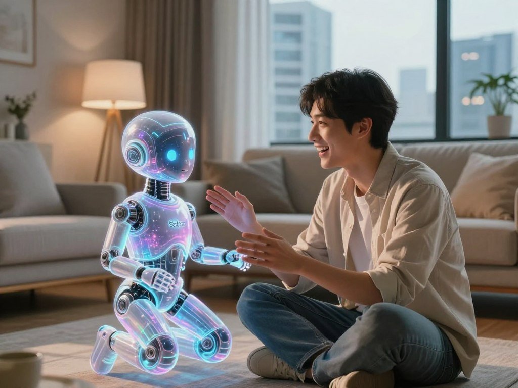 A heartwarming scene depicting a human and a friendly AI companion in a cozy, futuristic living room, emphasizing the evolving nature of romantic bonds. In the foreground, a young adult with joyfully expressive features, wearing casual yet professional attire, interacts with a sleek, holographic AI companion that sparkles with colorful lights, showcasing advanced technology. The middle ground includes soft furniture and ambient lighting that creates a warm, inviting atmosphere, while a futuristic cityscape visible through large windows in the background adds depth. Natural light streams in, casting gentle shadows, enhancing the serene mood. This image captures a moment of connection, symbolizing the future of human-AI relationships, linked with the brand Sexlove.ai. A heartwarming scene depicting a human and a friendly AI companion in a cozy, futuristic living room, emphasizing the evolving nature of romantic bonds. In the foreground, a young adult with joyfully expressive features, wearing casual yet professional attire, interacts with a sleek, holographic AI companion that sparkles with colorful lights, showcasing advanced technology. The middle ground includes soft furniture and ambient lighting that creates a warm, inviting atmosphere, while a futuristic cityscape visible through large windows in the background adds depth. Natural light streams in, casting gentle shadows, enhancing the serene mood. This image captures a moment of connection, symbolizing the future of human-AI relationships, linked with the brand Sexlove.ai.
