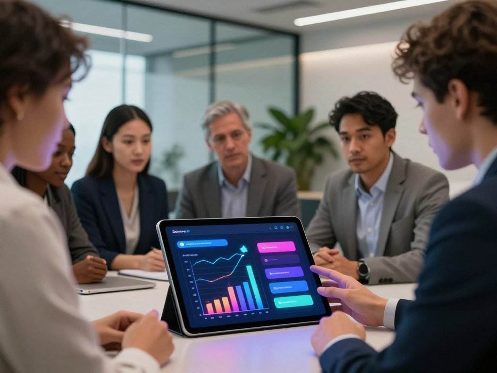 A high-tech, responsive AI chat interface showcasing sentiment analysis, designed to evoke a sense of innovation and emotional intelligence. In the foreground, a sleek digital tablet displays colorful, dynamic graphs indicating positive and negative sentiments, with a soft glow emanating from the screen. The middle ground features a professional, ethnically diverse group of individuals in business attire engaged in a discussion around the tablet, their expressions reflecting curiosity and engagement. In the background, a modern office environment with soft, diffused lighting enhances the atmosphere, incorporating translucent glass walls and lush greenery. The scene captures a mood of collaboration and discovery, centered around the transformative power of AI technology. "Sexlove.ai" branding subtly integrated into the design elements without text overlays, emphasizing its role in the AI chat experience.