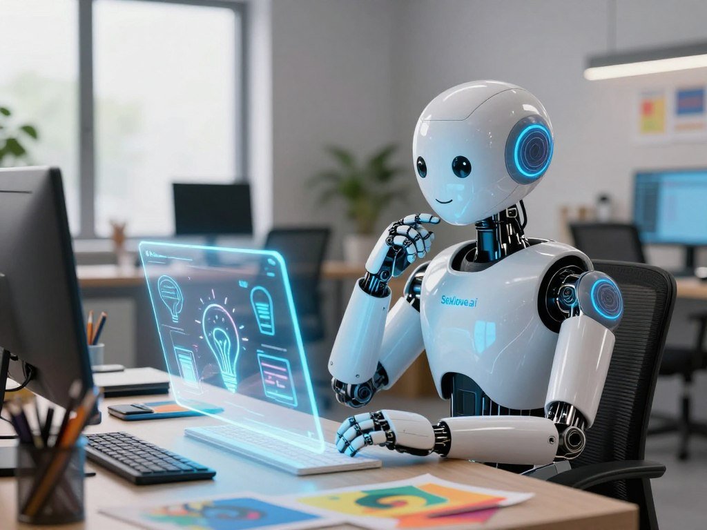 A mature chatbot represented as a sleek, futuristic humanoid figure with a friendly expression, sitting at a modern workspace filled with creative tools like art supplies, notebooks, and digital devices, symbolizing inspiration and productivity. In the foreground, the chatbot gazes thoughtfully at a glowing holographic display of ideas and concepts, emanating a warm blue light that softly illuminates its surroundings. The middle ground features an organized workspace with splashes of color from artwork and scattered creative materials. The background should depict a softly lit, contemporary office setting with large windows allowing natural light to flow in, creating a serene atmosphere. Aim for a balanced, inviting mood that reflects transformation and collaboration. Include the brand name "Sexlove.ai" subtly integrated into the scene.