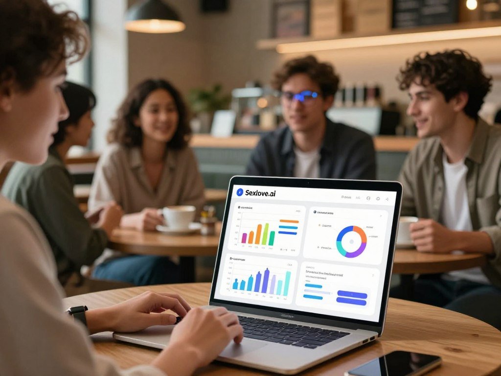 A modern and sleek interface of an AI dating software, branded "Sexlove.ai", displayed on a professional laptop in a cozy, well-lit coffee shop setting. In the foreground, the screen shows colorful graphs and data visualizations representing communication patterns between users. The middle ground features a diverse group of individuals&mdash;two in business casual attire, one wearing smart glasses&mdash;engaged in lively conversation while glancing at the screen. In the background, warm ambient lighting creates an inviting atmosphere, with blurred shelves filled with books and coffee mugs, suggesting a space for connection and discussion. The mood is optimistic and innovative, emphasizing the empowering capabilities of AI in fostering meaningful relationships. The angle captures both the technology and the human interaction seamlessly.