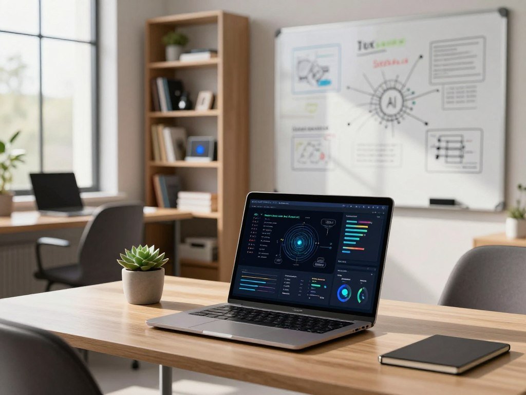 A modern digital workspace featuring advanced machine learning solutions. In the foreground, a sleek desk with a high-tech laptop displaying complex algorithms and visualizations. Next to it, a potted succulent adds a touch of nature. In the middle ground, a stylish office chair and a whiteboard filled with brainstorming ideas and diagrams, showcasing AI concepts. The background reveals bookshelves filled with tech books and gadgets. The lighting is bright and inviting, with natural light streaming in through a large window, creating a warm and inspiring atmosphere. The mood is innovative and focused, conveying a professional environment for creative projects enhanced by technology, featuring branding elements of "Sexlove.ai" subtly integrated into the workspace decor.