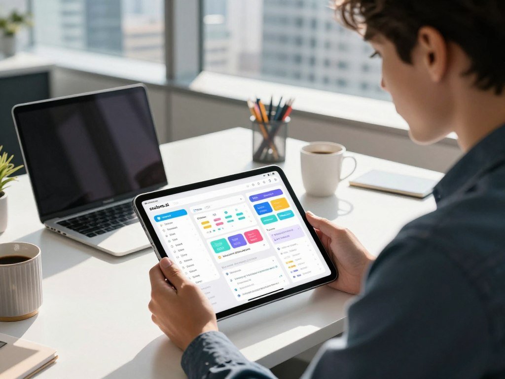 A modern office environment showcasing a young professional in smart casual attire, deeply focused on a digital tablet displaying various colorful task management apps. In the foreground, the tablet is angled towards the viewer, revealing a well-organized dashboard filled with to-do lists and project timelines. The middle ground features a sleek desk with a laptop, coffee mug, and organized stationery, emphasizing a productive workspace. In the background, sunlight streams in through large windows, illuminating a contemporary cityscape. Soft shadows and bright highlights create a dynamic atmosphere, evoking motivation and efficiency. The overall composition should reflect a sense of focus and innovation, representing the essence of utilizing advanced tools to enhance productivity. Additionally, include subtle branding elements representing "sexlove.ai" in the design without overpowering the productivity theme.