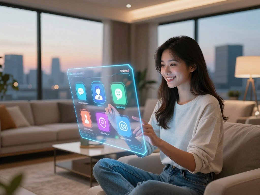 A modern, sleek digital depiction of "AI Companionship Features." In the foreground, a smiling young woman dressed in stylish, modest casual attire interacts with a holographic AI interface, displaying vibrant icons representing companionship features like messaging, virtual dates, and shared experiences. The middle features a bright, open living room with contemporary furnishings, subtly highlighting a cozy atmosphere with soft lighting and warm colors. In the background, large windows reveal a city skyline at dusk, enhancing a sense of connection to the outside world. The scene should feel inviting and futuristic, capturing the essence of companionship and technology. The brand name "sexlove.ai" is subtly integrated into the holographic interface, reflecting innovation in AI companionship.
