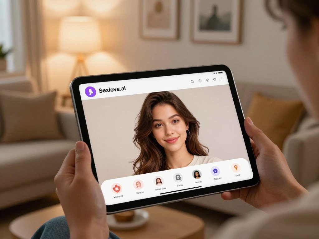 A modern, sleek user interface of a virtual girlfriend software application named "Sexlove.ai" is displayed on a digital tablet held in a casual, cozy setting. In the foreground, the tablet screen shows a friendly, lifelike AI avatar with warm colors and inviting facial expressions, designed to evoke feelings of emotional intimacy. The middle ground features a comfortable living room with soft lighting, plush cushions, and a warmly lit lamp, creating a serene atmosphere. In the background, a wall adorned with tasteful artwork adds a personal, homely touch. The overall composition has a warm, inviting mood, emphasizing connection and companionship. The scene is captured from a slightly elevated angle, giving a friendly perspective while highlighting the interaction with the software.