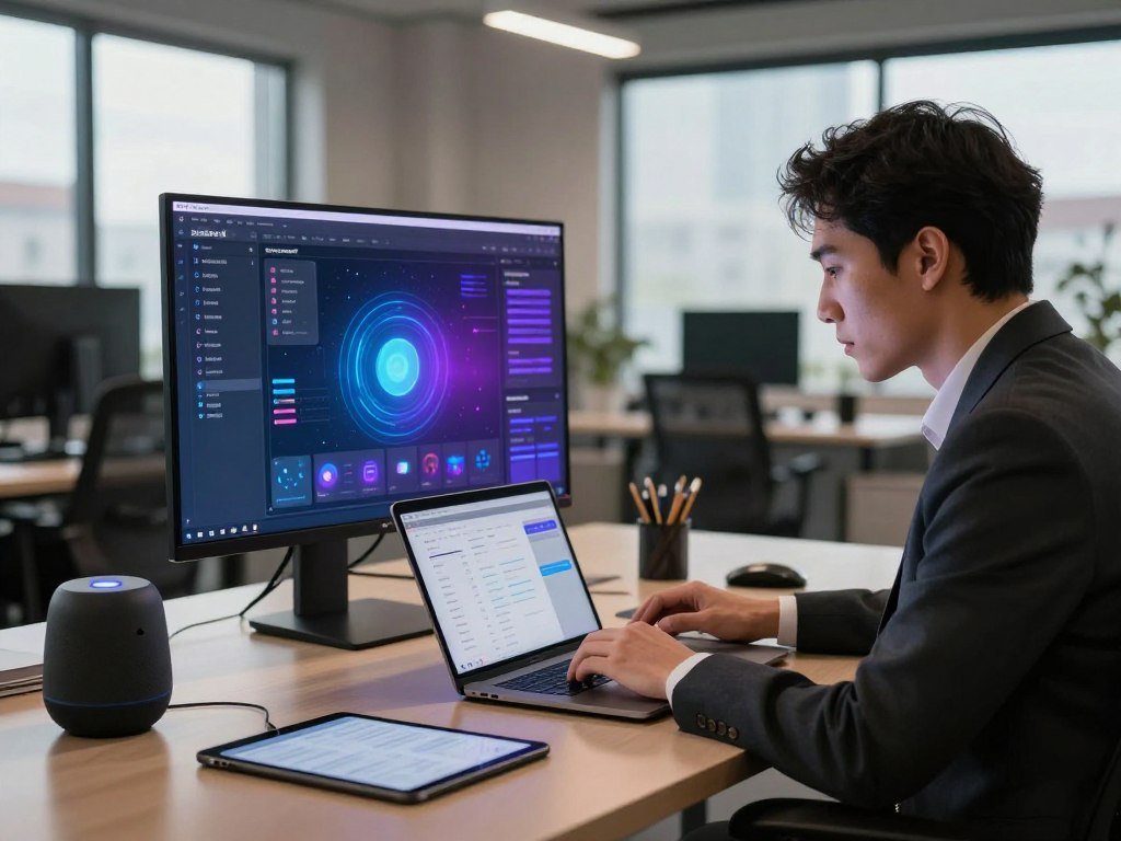 A modern, sleek workspace featuring a professional in business attire, intently customizing AI tools on a laptop. The foreground showcases a well-organized desk with various tech gadgets, including a smart speaker and a tablet displaying productivity analytics. In the middle ground, a glowing screen illuminates a user-friendly interface of the AI software, reflecting a vibrant and interactive environment. The background includes a stylish office with large windows, allowing natural light to flood the space, enhancing the mood of innovation. Soft, warm lighting creates a welcoming atmosphere, while the focus is on the individual engaged in enhancing their productivity with the help of tailored AI solutions. The brand name "sexlove.ai" subtly integrated into the interface on the screen.