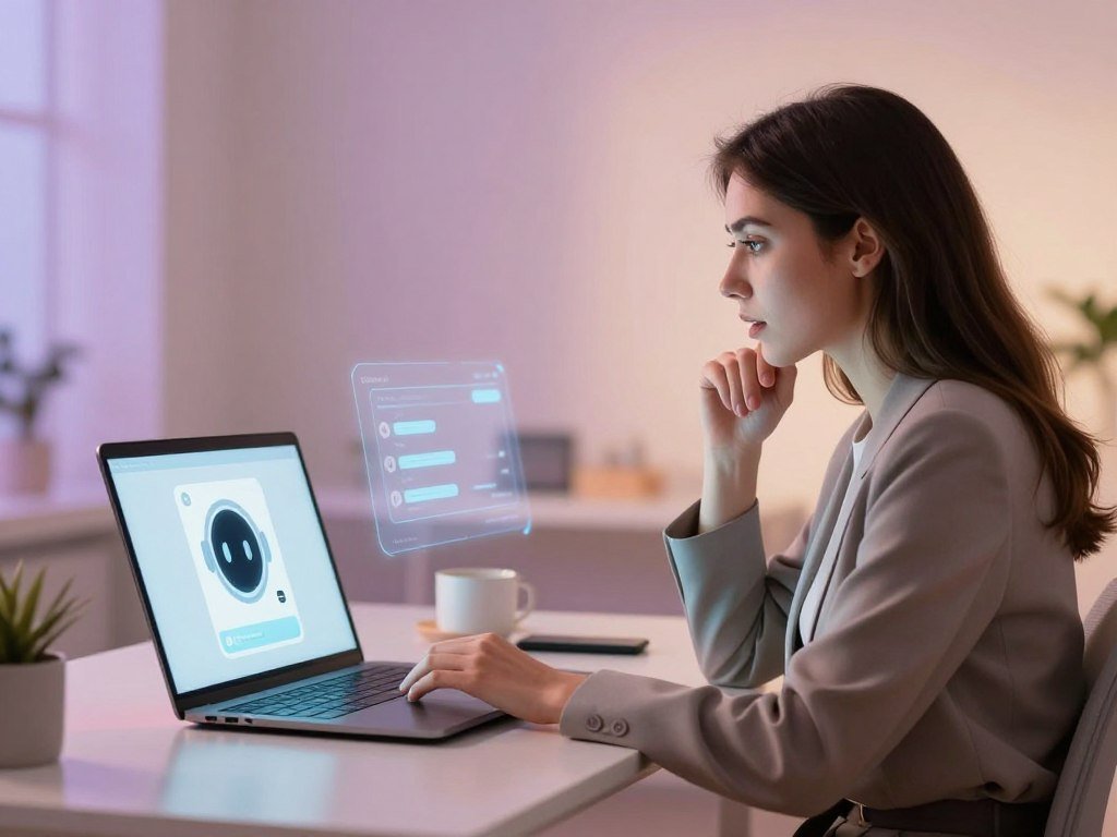 A modern, sleek workspace with a soft-focus background of pastel colors to evoke a calming yet stimulating atmosphere. In the foreground, a sophisticated female figure, dressed in smart casual attire, sits at a stylish desk. She is engaged in conversation with a virtual AI chatbot displayed on her laptop screen, which emits a gentle glow. Her expression is thoughtful and intrigued, reflecting a blend of curiosity and exploration. A subtle digital interface appears next to her, hinting at personalized settings for her interaction. Warm, diffused lighting casts a serene vibe, complemented by soft shadows. The brand name "Sexlove.ai" is subtly integrated into the design of the virtual interface.