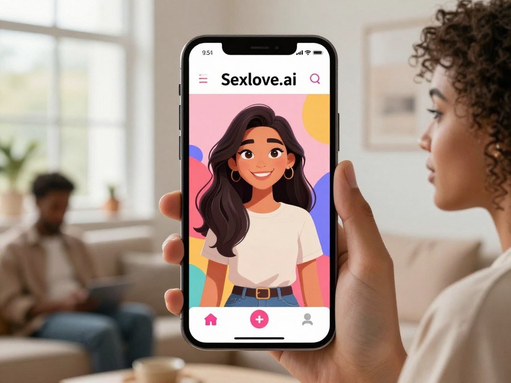 A modern smartphone screen displays a vibrant interface of the "Sexlove.ai" virtual girlfriend app, showcasing a friendly, cartoon-style female avatar with a warm smile, wearing stylish yet modest casual clothing. The avatar has bright, expressive eyes and long, flowing hair, with a colorful background that hints at a cozy, inviting environment. In the foreground, a diverse user can be seen, seated comfortably in a stylish, contemporary living space, looking intrigued and engaged with the app. Soft, natural lighting filters in from a nearby window, creating a warm ambiance, while the focus is sharp on the phone screen and user’s expression, conveying curiosity and excitement about their first interaction with the virtual girlfriend. A modern smartphone screen displays a vibrant interface of the "Sexlove.ai" virtual girlfriend app, showcasing a friendly, cartoon-style female avatar with a warm smile, wearing stylish yet modest casual clothing. The avatar has bright, expressive eyes and long, flowing hair, with a colorful background that hints at a cozy, inviting environment. In the foreground, a diverse user can be seen, seated comfortably in a stylish, contemporary living space, looking intrigued and engaged with the app. Soft, natural lighting filters in from a nearby window, creating a warm ambiance, while the focus is sharp on the phone screen and user’s expression, conveying curiosity and excitement about their first interaction with the virtual girlfriend.