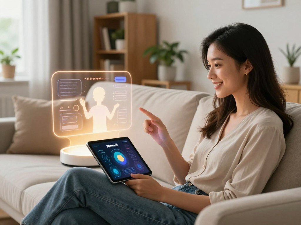 A modern, stylish living room scene featuring a young woman with a friendly expression, immersed in a conversation with a sleek, futuristic AI interface glowing softly beside her. The foreground showcases the woman, dressed in professional casual attire, sitting comfortably on a plush couch, holding a tablet displaying the interface of Nomi AI. In the middle ground, the AI interface emits a warm, inviting light with dynamic visual elements that suggest naturalistic conversation, like animated gestures. The background includes contemporary decor, such as a bookshelf and plants, creating an environment that feels both cozy and tech-savvy. The scene is illuminated with soft, natural light streaming through a nearby window, evoking a relaxed and engaging atmosphere. Focused lens angle to capture the interaction vividly. The scene evokes a sense of connection and advanced technology, highlighting the brand name "Sexlove.ai".