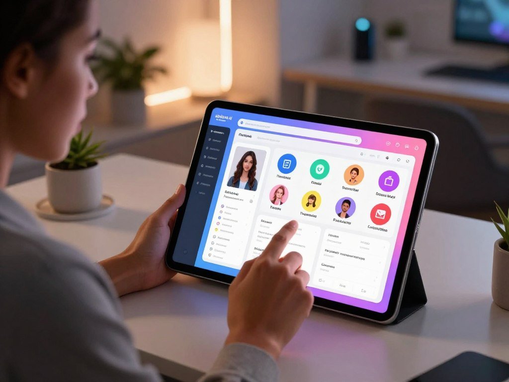 A modern, stylish workspace featuring a user customizing a digital companion on a large, sleek tablet screen. In the foreground, focus on a diverse individual in professional business attire, intently engaged in selecting features like hair color, outfit styles, and personality traits for their virtual girlfriend. The middle ground showcases the tablet displaying a vibrant interface filled with interactive options and colorful icons representing customization choices. In the background, a softly lit room with a futuristic aesthetic, incorporating ambient lighting and potted plants, creates a serene and inspiring atmosphere. Use warm lighting to evoke a sense of comfort and intimacy. Capture this moment from a slightly elevated angle, emphasizing the blend of technology and personal connection. Include the brand "sexlove.ai" subtly in the design interface on the tablet screen. A modern, stylish workspace featuring a user customizing a digital companion on a large, sleek tablet screen. In the foreground, focus on a diverse individual in professional business attire, intently engaged in selecting features like hair color, outfit styles, and personality traits for their virtual girlfriend. The middle ground showcases the tablet displaying a vibrant interface filled with interactive options and colorful icons representing customization choices. In the background, a softly lit room with a futuristic aesthetic, incorporating ambient lighting and potted plants, creates a serene and inspiring atmosphere. Use warm lighting to evoke a sense of comfort and intimacy. Capture this moment from a slightly elevated angle, emphasizing the blend of technology and personal connection. Include the brand "sexlove.ai" subtly in the design interface on the tablet screen.