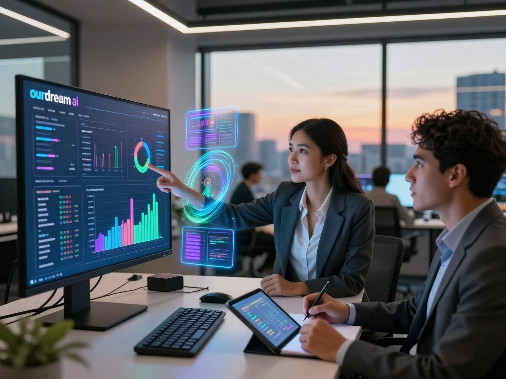 A modern workspace featuring a diverse group of professionals analyzing data on a large screen displaying vibrant graphs and insights labeled "ourdream ai". In the foreground, a confident woman in business attire points at the screen, while a man nearby takes notes on a digital tablet. The middle scene includes futuristic data visualization holograms swirling around them, showcasing colorful statistics and personal insights glowing with bright blues, greens, and purples. In the background, a sleek office with large windows reveals a cityscape illuminated by dusk, casting a warm, inviting light throughout the room. The atmosphere is one of innovation and collaboration, highlighting the transformative power of data analytics for personal growth. The image conveys trust and potential in the journey toward self-discovery. A modern workspace featuring a diverse group of professionals analyzing data on a large screen displaying vibrant graphs and insights labeled "ourdream ai". In the foreground, a confident woman in business attire points at the screen, while a man nearby takes notes on a digital tablet. The middle scene includes futuristic data visualization holograms swirling around them, showcasing colorful statistics and personal insights glowing with bright blues, greens, and purples. In the background, a sleek office with large windows reveals a cityscape illuminated by dusk, casting a warm, inviting light throughout the room. The atmosphere is one of innovation and collaboration, highlighting the transformative power of data analytics for personal growth. The image conveys trust and potential in the journey toward self-discovery.