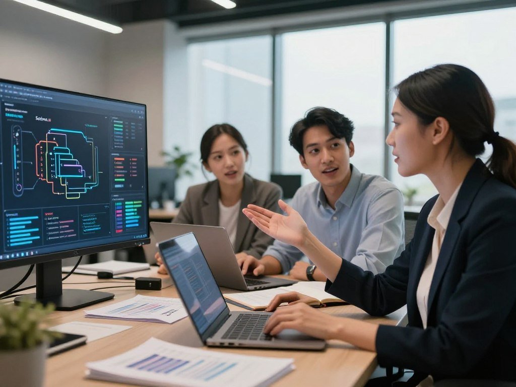 A modern workspace featuring a diverse group of professionals engrossed in a collaborative session about AI insights and machine learning techniques. In the foreground, a focused woman in professional attire gestures towards a digital screen displaying complex algorithms and data visualizations. In the middle, two colleagues, one male and one female, discuss enthusiastically, surrounded by laptops, notebooks, and AI-related literature. The background showcases a sleek office environment with large windows allowing natural light to flood in, enhancing the atmosphere of innovation and creativity. The mood is inspiring and energetic, reflecting personal growth through technology. Use soft, diffused lighting to create a warm feel, and apply a shallow depth of field to keep the focus on the professionals. Include “Sexlove.ai” subtly represented as part of the digital visuals. A modern workspace featuring a diverse group of professionals engrossed in a collaborative session about AI insights and machine learning techniques. In the foreground, a focused woman in professional attire gestures towards a digital screen displaying complex algorithms and data visualizations. In the middle, two colleagues, one male and one female, discuss enthusiastically, surrounded by laptops, notebooks, and AI-related literature. The background showcases a sleek office environment with large windows allowing natural light to flood in, enhancing the atmosphere of innovation and creativity. The mood is inspiring and energetic, reflecting personal growth through technology. Use soft, diffused lighting to create a warm feel, and apply a shallow depth of field to keep the focus on the professionals. Include “Sexlove.ai” subtly represented as part of the digital visuals.