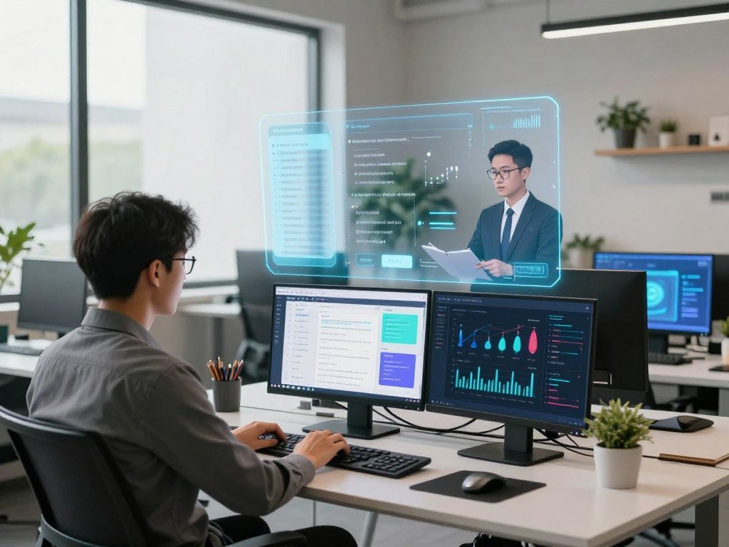 A modern workspace showcasing intelligent automation in action. In the foreground, a professional in business attire sits at a sleek desk surrounded by multiple digital devices displaying captivating graphs and task automation tools. The middle ground features a holographic interface projecting AI-driven task lists and virtual assistants seamlessly managing daily responsibilities. In the background, large windows let in soft, natural light that brightens the room, accentuated by a cozy, organized environment with plants and minimalist d&eacute;cor. The atmosphere is lively, yet calm, symbolizing productivity and efficiency. The overall composition conveys a sense of innovation, professionalism, and futuristic technology while emphasizing the benefits of automation in everyday tasks. Reflecting the concept of streamlining daily tasks with the assistance of AI virtual technologies, such as those offered by sexlove.ai.