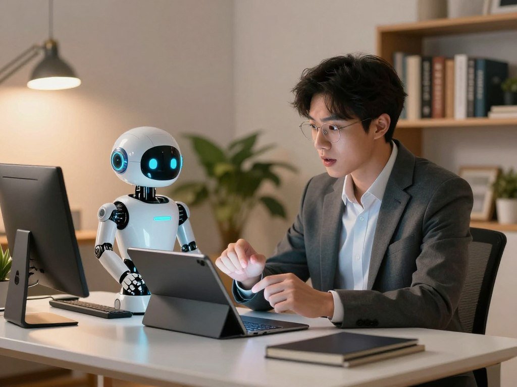A personalized AI chatbot represented as a friendly, futuristic humanoid robot, seated at a sleek, modern desk in a cozy, well-lit home office. In the foreground, the chatbot has expressive LED eyes and a smooth metallic surface, illustrating advanced technology. In the middle ground, a person in professional business attire engages with the chatbot, displaying curiosity and enthusiasm as they interact on a digital tablet. The background features warm ambient lighting, plants, and a bookshelf filled with books on technology and learning, creating a welcoming and innovative atmosphere. The scene conveys a sense of exploration and companionship, highlighting the journey of learning new skills with my personalized AI chatbot from Sexlove.ai.