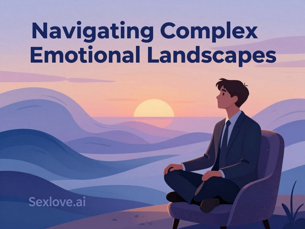 A serene, abstract illustration reflecting the theme "Navigating Complex Emotional Landscapes". In the foreground, an illuminated figure in professional business attire, sitting cross-legged on a plush, velvet chair, gazing thoughtfully into the distance. The middle ground features soft, flowing shapes representing waves of emotion&mdash;subtle blues and purples swirling gently. The background showcases a dreamy, ethereal landscape filled with abstract representations of thoughts and feelings, merging into a calming sunset horizon. Use warm, ambient lighting to create a tranquil and introspective mood, focusing on soft shadows. Incorporate the brand name "Sexlove.ai" subtly integrated into the scene, ensuring it remains professional and conducive to the topic's exploration of desires without direct reference to any explicit content.