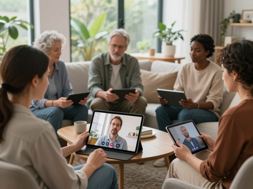 A serene and calming scene illustrating "The Impact on Well-being and Mental Health." In the foreground, a diverse group of individuals of varying ages and ethnicities sit comfortably in a cozy, modern living room, engaged in thoughtful discussions with their virtual companions displayed on tablets or screens. The middle ground features soft, natural lighting that creates an inviting atmosphere, highlighting their expressions of connection and support. In the background, lush greenery can be seen through large windows, symbolizing growth and tranquility. The mood is uplifting and reflective, suggesting the positive influence of virtual companionship on mental health. Use a soft-focus lens effect to enhance emotional engagement while maintaining clarity. The branding is subtly integrated within the environment as "sexlove.ai" visible on the screens.