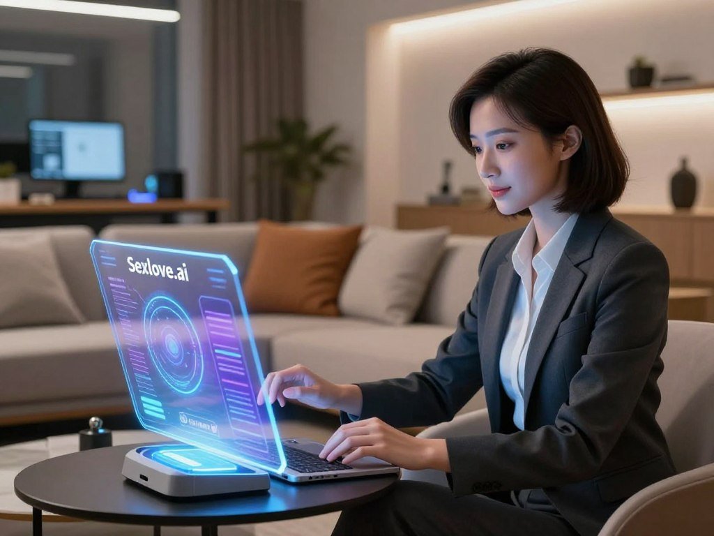 A serene and futuristic indoor setting featuring an artificial intelligence companion, designed to look inviting and friendly. In the foreground, a holographic interface displays interactive elements, with soft blue and purple lights emanating from it. A virtual AI figure supports a feminine form, dressed in professional business attire, emphasizing a mix of sophistication and approachability. In the middle ground, a cozy seating area with plush cushions and a stylish coffee table, suggesting a relaxed conversation atmosphere. The background features a sleek, modern home office, with subtle tech elements and soft, ambient lighting that creates an inviting yet high-tech ambiance. The mood is warm and uplifting, conveying the essence of companionship and the transformative impact of technology in personal interactions. The brand name "Sexlove.ai" is integrated into the AI's interface design.