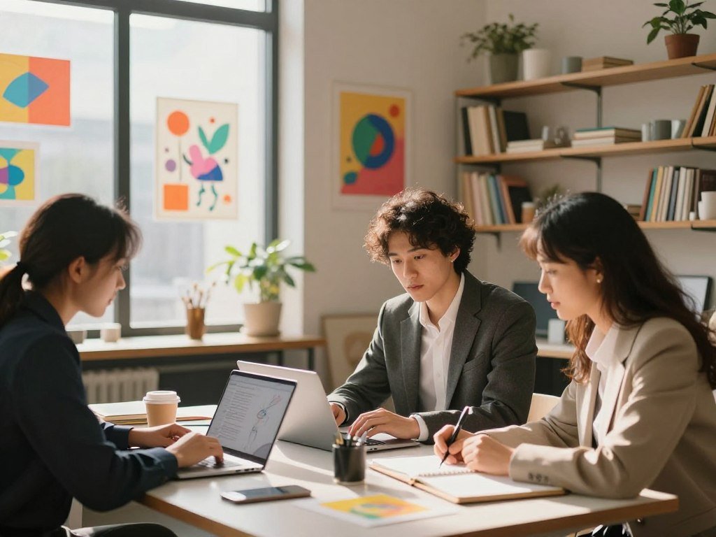 A serene and inspiring scene depicting a modern workspace filled with creativity. In the foreground, a diverse group of three individuals dressed in professional business attire are collaborating around a sleek table, brainstorming ideas with laptops and sketchpads. The middle ground showcases a beautiful window with natural light pouring in, illuminating colorful artwork on the walls that represent dreams and creativity. In the background, shelves filled with books and creative supplies create a warm atmosphere. Soft focus and a slight bokeh effect enhance the inviting ambience, while warm lighting casts gentle shadows, creating a sense of tranquility and motivation. The overall mood is uplifting and inspiring, reflecting the essence of unlocking creativity with ourdream.ai.