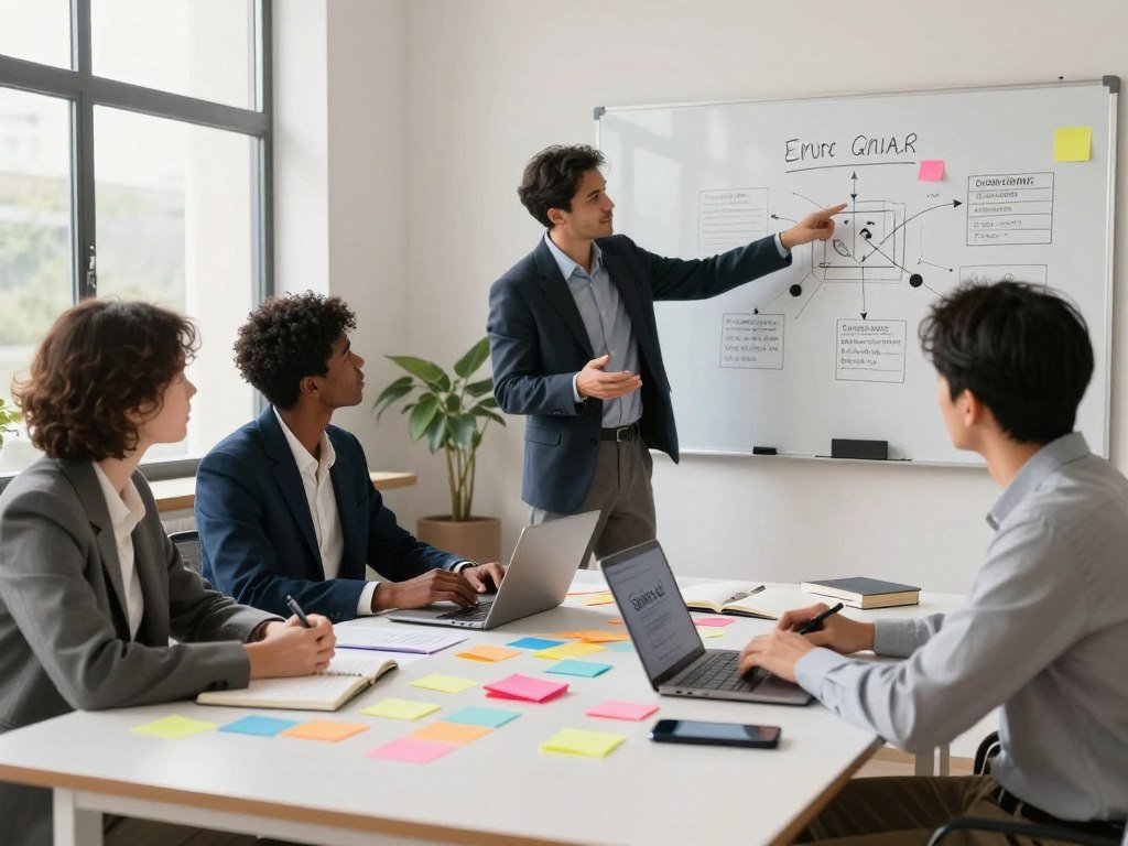 A serene and inspiring workspace featuring a diverse group of four individuals, each dressed in professional business attire, engaged in a collaborative session. In the foreground, a rectangular table is strewn with colorful sticky notes, notebooks, and markers, symbolizing emotional goal-setting. The middle ground displays the participants animatedly discussing ideas, with one person pointing at a mind map on a large whiteboard. The background reveals a bright, airy room with large windows allowing natural light to flood in, casting soft shadows. The atmosphere is warm and encouraging, promoting a sense of connection and growth. The image should embody a sense of teamwork and inspiration, subtly incorporating elements of technology like a laptop and a phone displaying "Sexlove.ai," without overwhelming the focus on emotional development.