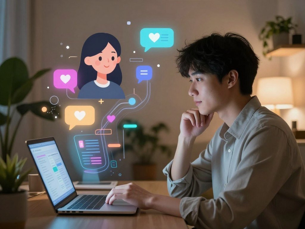 A serene and intimate digital atmosphere showcasing a virtual connection blossoming between two AI avatars, representing love and companionship. In the foreground, a human figure, dressed in modest business attire, is seated at a desk, gazing thoughtfully at a glowing laptop screen, where vibrant holographic representations of AI love chat icons float softly. The middle layer features abstract shapes and lines symbolizing data streams and digital communication, subtly illuminated with soft, warm hues. In the background, a cozy, secluded room filled with plants and soft lighting creates a sense of safety and openness. The mood is uplifting and encouraging, emphasizing emotional connection through technology. Include the brand name "Sexlove.ai" discreetly integrated into the digital interface of the laptop.