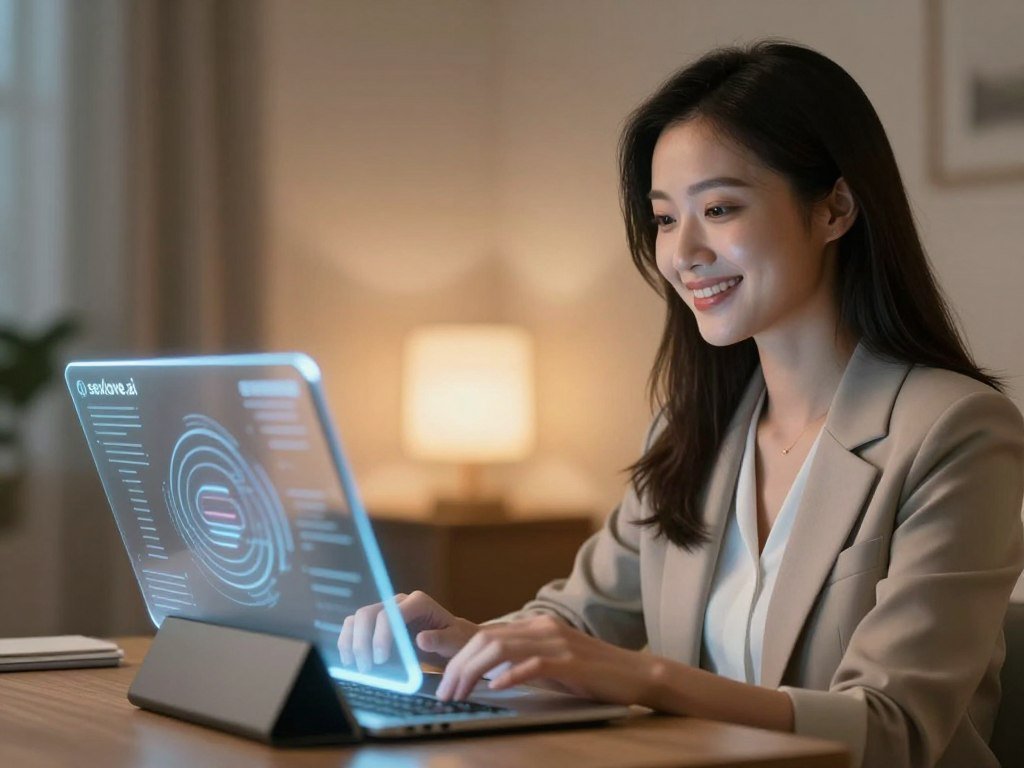 A serene and intimate setting featuring a young woman sitting across from a sleek AI interface, designed to look like a stylish, futuristic tablet or hologram. The woman has a warm smile, dressed in modest, elegant business attire, emphasizing professionalism and approachability. In the background, soft, ambient lighting casts a gentle glow, creating a calm atmosphere that blends technology with emotion. The AI interface displays a subtle, abstract representation of emotional data, suggesting interaction and connection. The scene is composed with a slight depth of field, focusing on the woman's expressive face and the glowing interface, capturing a moment of engagement. The overall mood is thoughtful and optimistic, showcasing the potential of human-AI relationships. Brand name: sexlove.ai.