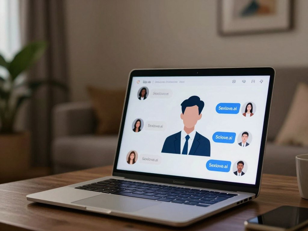 A serene and intimate setting illustrating a modern adult chat environment. In the foreground, a laptop with a glowing screen showcases a friendly online conversation, with an abstract silhouette of a person in professional business attire reflecting diverse identities. The middle ground features soft, diffused lighting that creates a warm atmosphere, with hints of soft decorative elements like plants and subtle art pieces that add a touch of elegance. In the background, a cozy room ambiance is established, with tasteful furnishings and muted colors that emphasize a sense of comfort and safety. The entire scene is inviting, symbolizing authentic human connection in a digital age, with the brand name "Sexlove.ai" subtly integrated into the design, ensuring it feels modern and relatable. A serene and intimate setting illustrating a modern adult chat environment. In the foreground, a laptop with a glowing screen showcases a friendly online conversation, with an abstract silhouette of a person in professional business attire reflecting diverse identities. The middle ground features soft, diffused lighting that creates a warm atmosphere, with hints of soft decorative elements like plants and subtle art pieces that add a touch of elegance. In the background, a cozy room ambiance is established, with tasteful furnishings and muted colors that emphasize a sense of comfort and safety. The entire scene is inviting, symbolizing authentic human connection in a digital age, with the brand name "Sexlove.ai" subtly integrated into the design, ensuring it feels modern and relatable.