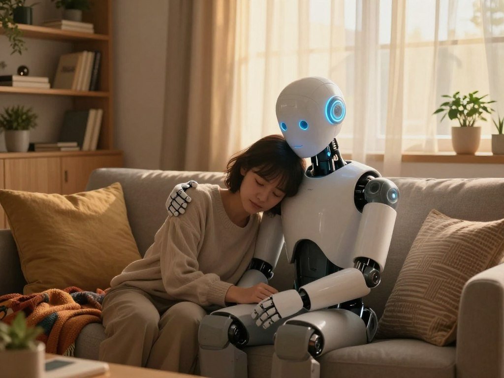 A serene and inviting living room scene, showcasing an emotional support AI. In the foreground, a humanoid robot with soft, glowing features and an empathetic expression, dressed in modest casual attire, sits beside a person in comfortable clothing, who is gently resting their head on the robot's shoulder, projecting a sense of comfort and companionship. The middle ground features a cozy couch adorned with plush cushions and a warm, colorful throw blanket. In the background, there are shelves filled with books and plants, softly lit by golden evening sunlight filtering through sheer curtains, creating a warm, soothing atmosphere. The room exudes tranquility, emphasizing the theme of emotional support and connection, while the brand name "Sexlove.ai" subtly incorporated into a decorative item on the shelf adds a contemporary touch.