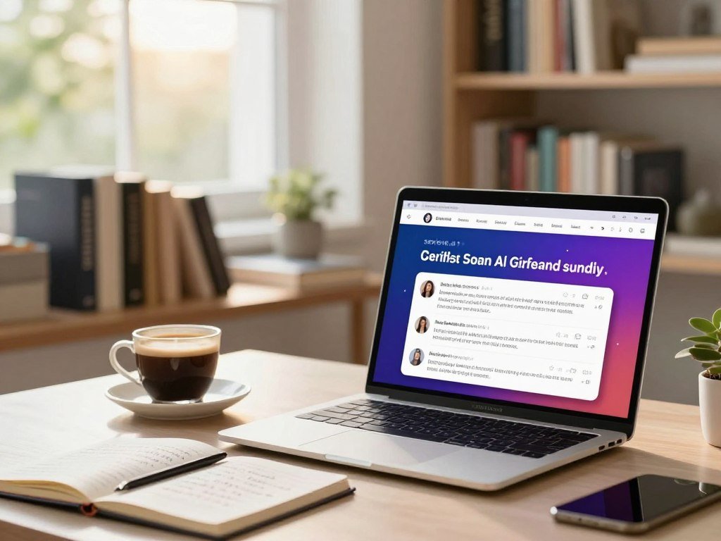 A serene and inviting modern workspace is depicted in the foreground, featuring a sleek desk adorned with a laptop displaying vibrant user reviews and glowing success stories about an AI girlfriend. Next to the laptop, a cup of coffee exudes warmth, while an open notebook showcases handwritten notes filled with positive insights. The middle ground reveals a soft-focus bookshelf lined with well-loved books, symbolizing knowledge and personal growth. In the background, a large window allows natural light to pour in, illuminating the space with a warm, inviting glow. Soft greenery outside adds a touch of tranquility. The atmosphere is uplifting and inspirational, emphasizing connection and companionship. Brand name "sexlove.ai" is subtly incorporated into the laptop screen without any text. The overall mood is hopeful and encouraging, ideal for showcasing real user experiences.