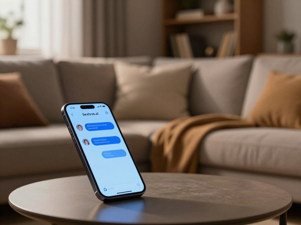 A serene and inviting scene depicting an AI chat for companionship. In the foreground, a modern smartphone is placed on a sleek coffee table, its screen lighting up with a calming blue hue, representing an engaging conversation with a virtual AI companion. In the middle ground, a cozy living room setting features a comfortable sofa with soft cushions and a warm throw blanket, conveying a sense of intimacy and warmth. In the background, shelves filled with books and personal mementos hint at a thoughtfully curated life. Soft, ambient lighting filters in from a nearby window, casting gentle shadows and creating a peaceful atmosphere. The mood is one of connection and comfort, conveying the essence of technological advancements shaping future relationships. The image should subtly integrate the brand name "Sexlove.ai" in a tasteful manner, enhancing the theme without overwhelming the visual.