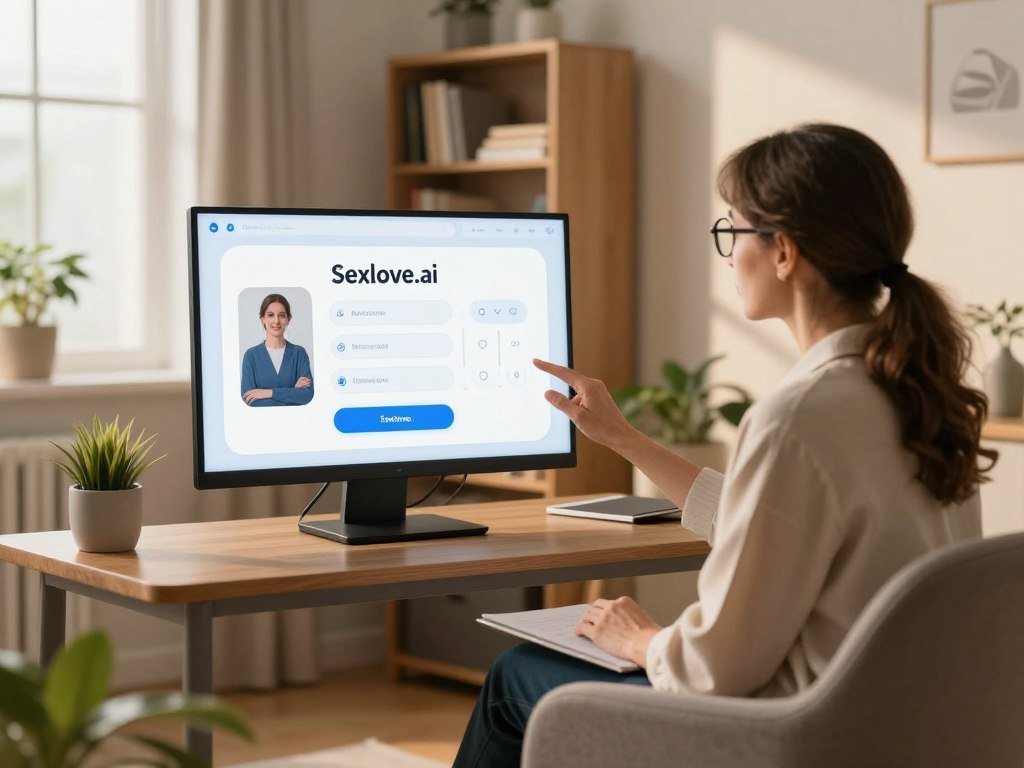A serene and inviting therapy room featuring a human therapist in professional attire, engaging with a digital screen displaying the interface of "Sexlove.ai," an AI emotional support chatbot. In the foreground, the therapist, a middle-aged woman with glasses, sits comfortably in a modern armchair, attentively listening while gesturing towards the chatbot on the screen. The middle layer presents the digital interface, showing friendly and compassionate features, symbolizing the integration of AI in therapy. The background reveals calming elements, such as soft lighting, a small bookshelf filled with psychology books, and plants that enhance the tranquil atmosphere. Warm, natural light filters through a window, casting gentle shadows, creating a mood of hope and connection in the room. A serene and inviting therapy room featuring a human therapist in professional attire, engaging with a digital screen displaying the interface of "Sexlove.ai," an AI emotional support chatbot. In the foreground, the therapist, a middle-aged woman with glasses, sits comfortably in a modern armchair, attentively listening while gesturing towards the chatbot on the screen. The middle layer presents the digital interface, showing friendly and compassionate features, symbolizing the integration of AI in therapy. The background reveals calming elements, such as soft lighting, a small bookshelf filled with psychology books, and plants that enhance the tranquil atmosphere. Warm, natural light filters through a window, casting gentle shadows, creating a mood of hope and connection in the room.