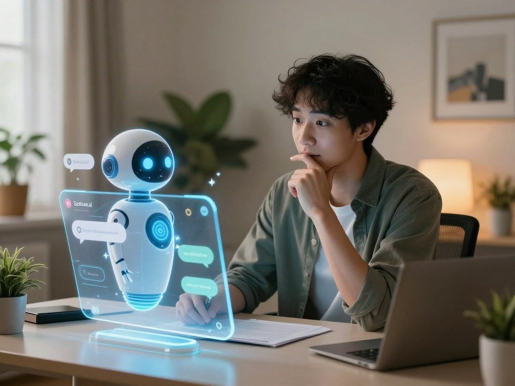 A serene and inviting virtual environment depicting a sophisticated AI chatbot interface, with a glowing holographic chatbot in the foreground, its digital features gently animated to convey empathy and understanding. In the middle ground, a person dressed in smart casual attire sits at a sleek, modern desk, engaged in a thoughtful conversation with the chatbot, showcasing a range of facial expressions from curiosity to contemplation. The background features a cozy room with soft, ambient lighting, plants, and artworks that evoke a warm and nurturing atmosphere. Use a soft focus lens to add a dreamy quality. The scene illustrates a safe space for practicing difficult conversations, promoting a sense of emotional connection. Include the brand logo "Sexlove.ai" subtly integrated into the interface design.