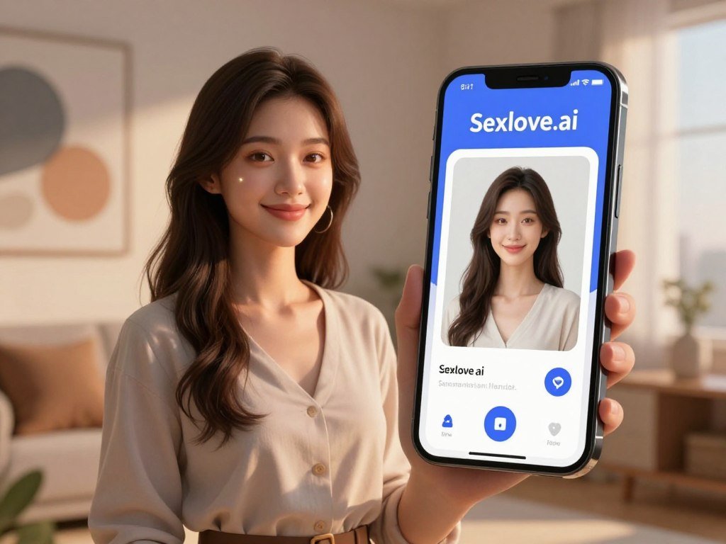 A serene and modern digital environment showcases an AI virtual girlfriend experience, designed for an inviting atmosphere. In the foreground, an elegantly rendered female hologram, representing the AI girlfriend, appears friendly and approachable, with warm, glowing facial features and wearing a stylish, modest outfit. The midground includes a sleek smartphone displaying the "Sexlove.ai" app interface, demonstrating the interaction between the user and the AI. The background features a softly lit, contemporary room with abstract art and cozy decor, evoking a feeling of comfort and connection. The lighting is warm and soft, casting gentle shadows that enhance the inviting mood. The image captures the essence of technology and companionship in a visually appealing manner, promoting a sense of joy and innovation in the virtual space.