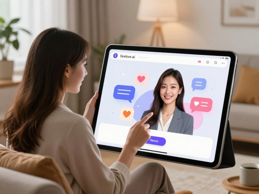 A serene and modern virtual dating environment, showcasing a sleek, user-friendly interface reminiscent of a sophisticated app on a digital tablet. In the foreground, a young professional woman, dressed in stylish business attire, sits comfortably on a couch, engaging with the virtual dating AI displayed on the screen. Her expression shows curiosity and joy, highlighting connection and communication. The middle layer features the glowing tablet with soft, colorful graphics of hearts and chat bubbles, symbolizing interaction. The background presents a cozy, well-lit living room with plants and warm colors, creating an inviting atmosphere. Soft, diffused lighting bathes the scene, emphasizing the emotional warmth and potential of this innovative technology. Integrate subtle branding elements related to "Sexlove.ai" into the app interface for context.
