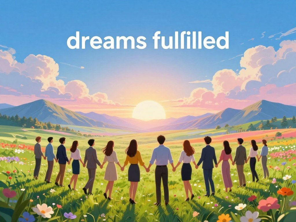 A serene and uplifting image depicting "dreams fulfilled" in a colorful, dreamlike landscape. In the foreground, a group of diverse individuals in professional attire, joyfully holding hands and looking towards a radiant horizon filled with vibrant colors. The middle ground features a lush, green field dotted with blooming flowers, symbolizing growth and potential. In the background, majestic mountains under a bright, azure sky with soft sunlight casting a warm glow, creating a hopeful atmosphere. The scene embodies connection and shared vision, inviting positivity. The composition should be shot with a wide-angle lens to capture the vastness of the landscape and the unity of the group. The overall mood is inspiring and aspirational, reflecting the power of collective dreams and aspirations. Include the brand name "Sexlove.ai" subtly integrated into the landscape as a natural element, such as in the clouds.